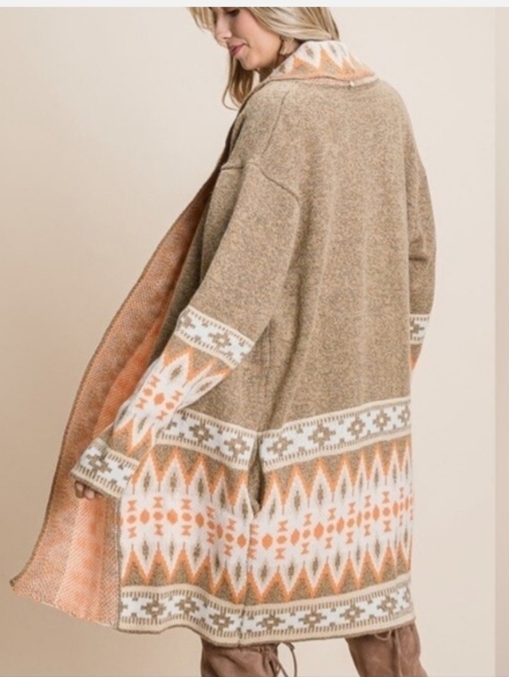 BiBi Aztec Tribal Open Front Cardigan Duster Boho Southwest Orange Taupe Size Sm - Picture 2 of 14